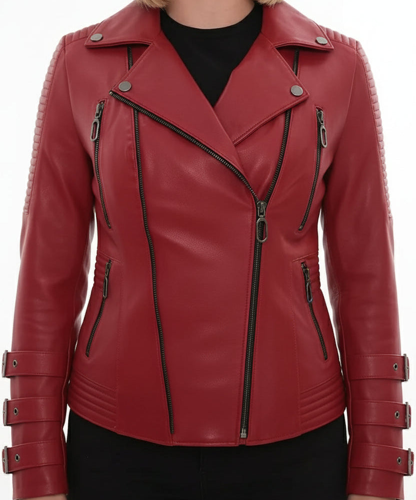 model-front-closed - Women's Biker Leather Jacket, Moto Jacket for Women, Handmade Leather Biker Jacket, Asymmetrical Zip Women's Jacket