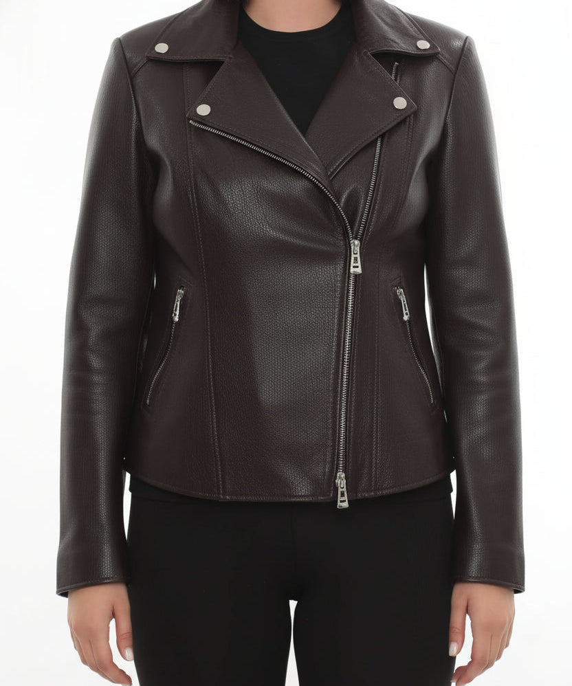 model-front-closed - Women's Biker Leather Jacket, Moto Jacket for Women, Handmade Leather Motorcycle Jacket