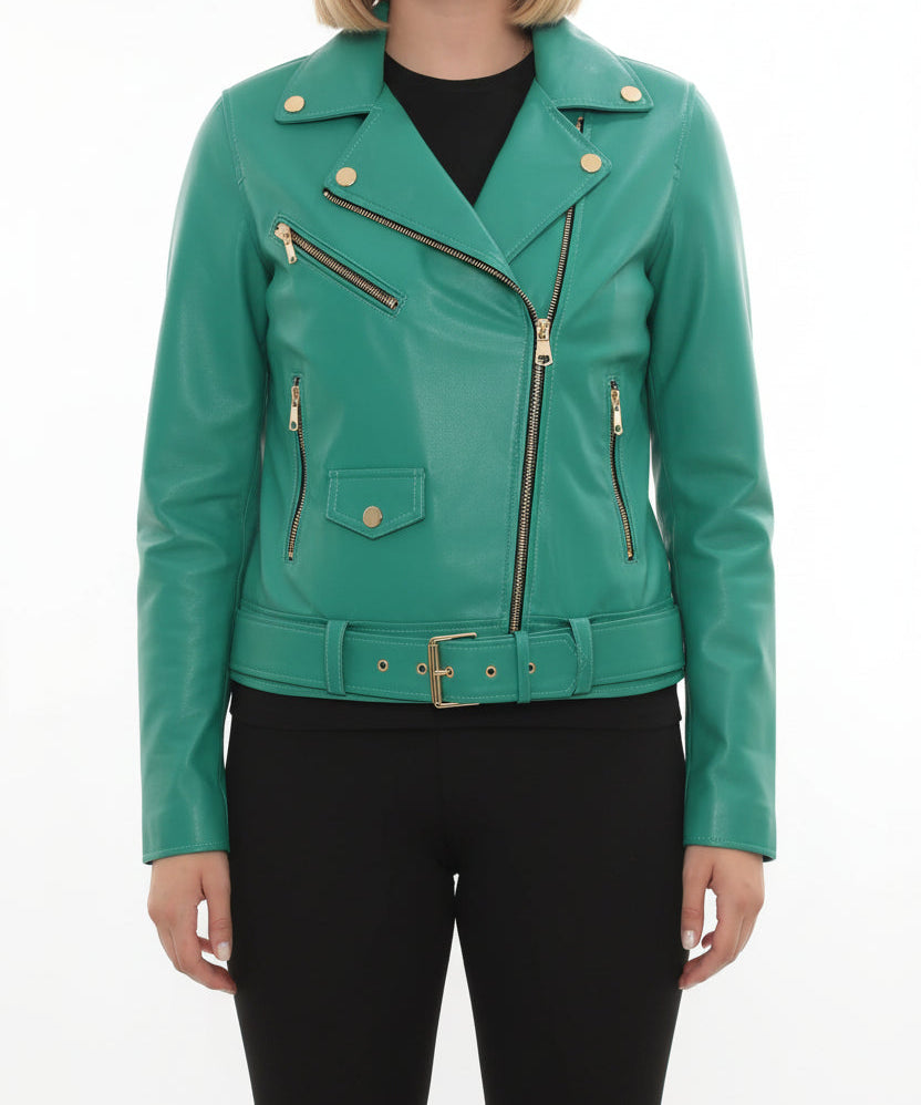 model-front-closed - Women's Biker Leather Jacket, Moto Jacket, Leather Motorcycle Jacket, Women's Moto Jacket