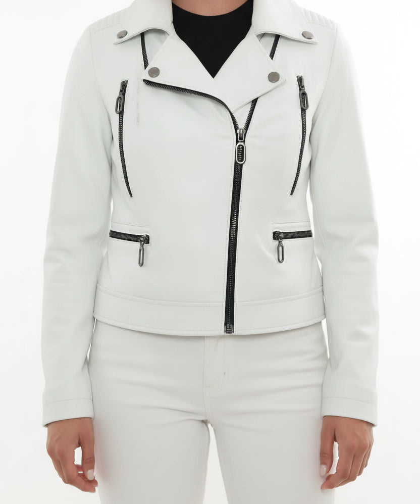 model-front-closed - Women's Biker Leather Jacket, Moto Style Jacket, Leather Motorcycle Jacket, Women's Moto Jacket