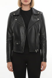 model-front-closed - Women's Biker Leather Jacket, Women's Moto Jacket, Leather Motorcycle Jacket, Women's Leather Moto Jacket