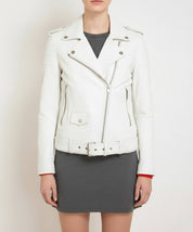 model-front-closed - Women's Biker Style White Lambskin Leather Jacket