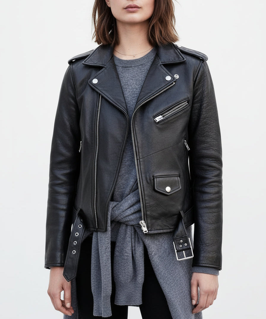 model-front-closed - Women's Black Leather Biker Jacket