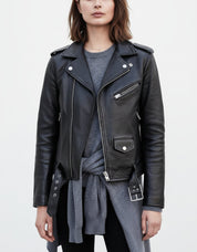 model-front-closed - Women's Black Leather Biker Jacket