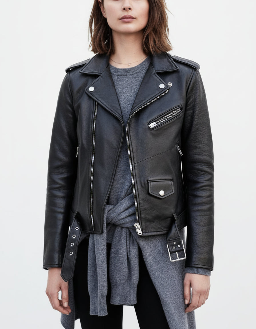 model-front-closed - Women's Black Leather Biker Jacket