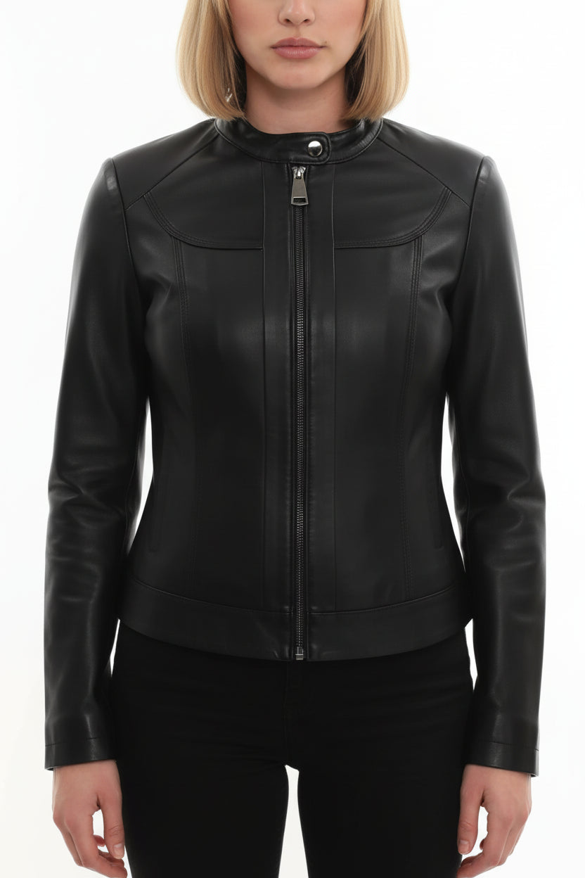 model-front-closed - Women's Cafe Racer Leather Jacket, Women's Biker Jacket, Leather Moto Jacket, Handmade Leather Jacket