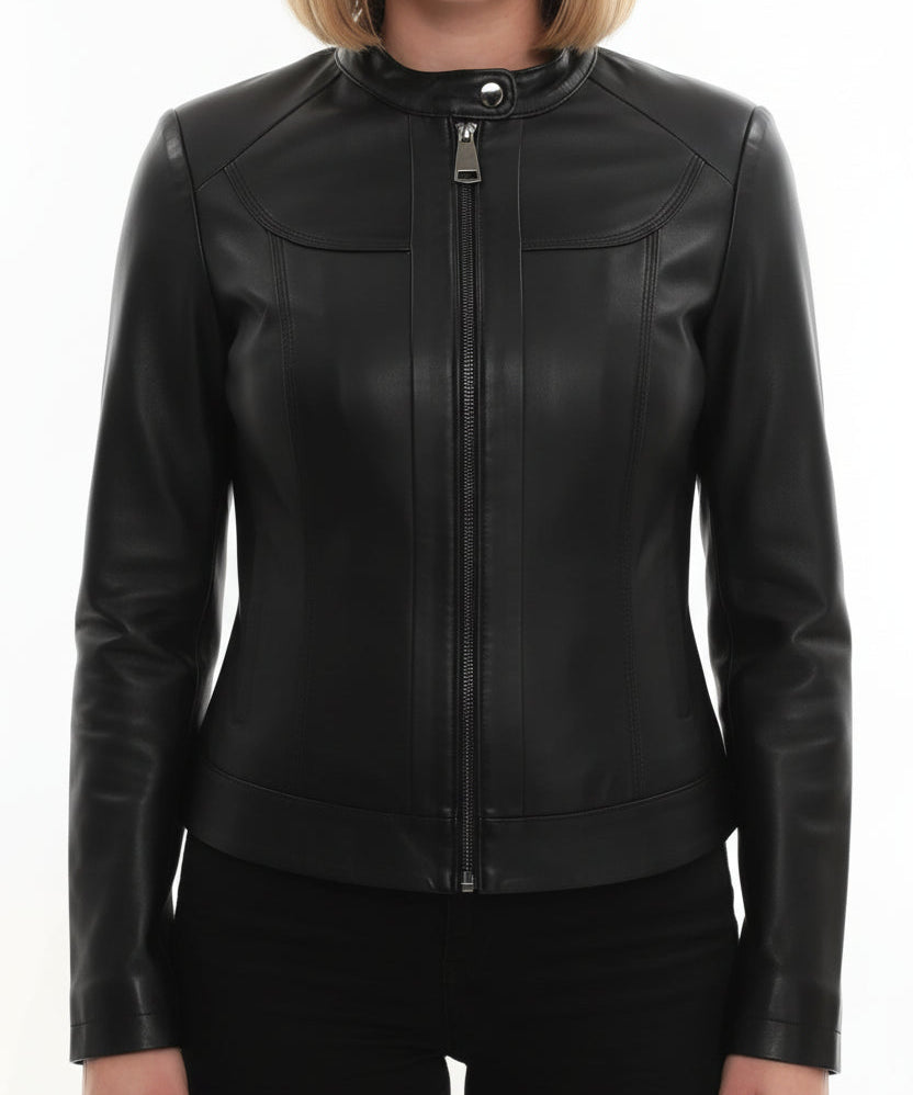 model-front-closed - Women's Cafe Racer Leather Jacket, Women's Biker Jacket, Leather Moto Jacket, Handmade Leather Jacket