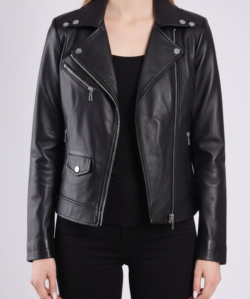 model-front-closed - Women's Moto Leather Jacket, Biker Jacket, Modern Motorcycle Jacket, Tailored Leather Jacket