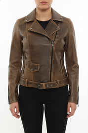 model-front-closed - Women's Moto Leather Jacket, Distressed Biker Jacket, Handmade Motorcycle Jacket, Vintage Leather Jacket