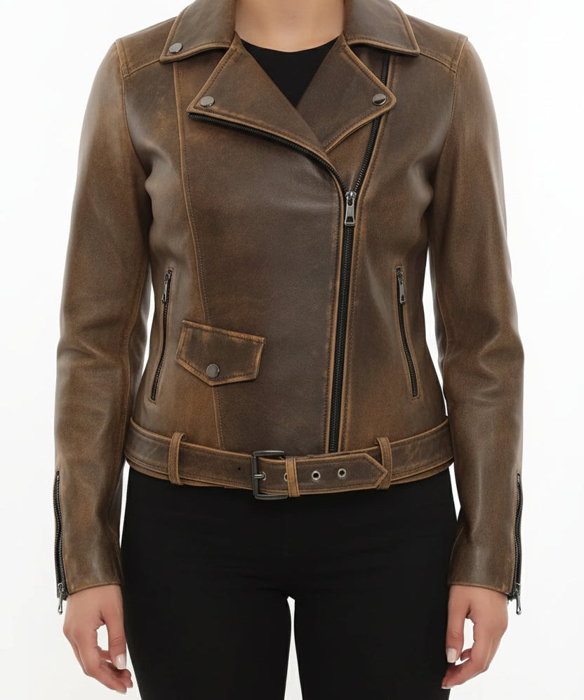 model-front-closed - Women's Moto Leather Jacket, Distressed Biker Jacket, Handmade Motorcycle Jacket, Vintage Leather Jacket