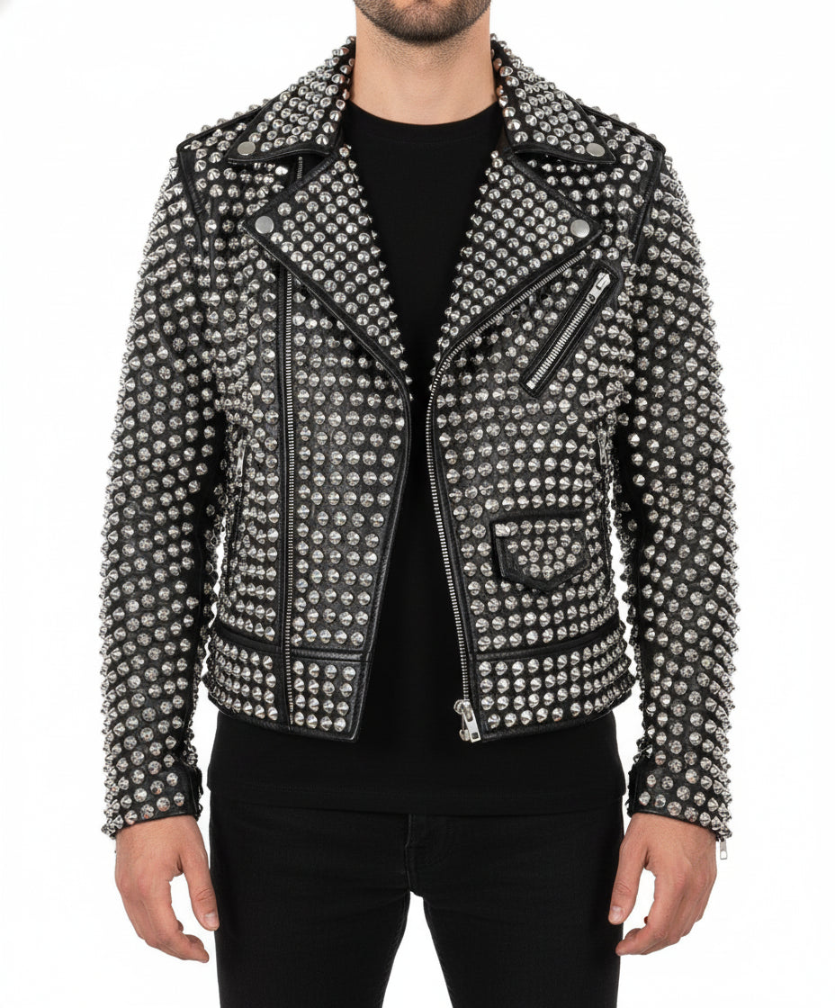 model-front-closed - Womens Rock star All over Silver Studded Cowhide Leather Moto Jacket