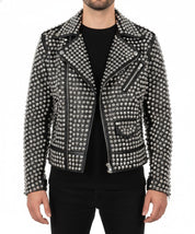 model-front-closed - Womens Rock star All over Silver Studded Cowhide Leather Moto Jacket