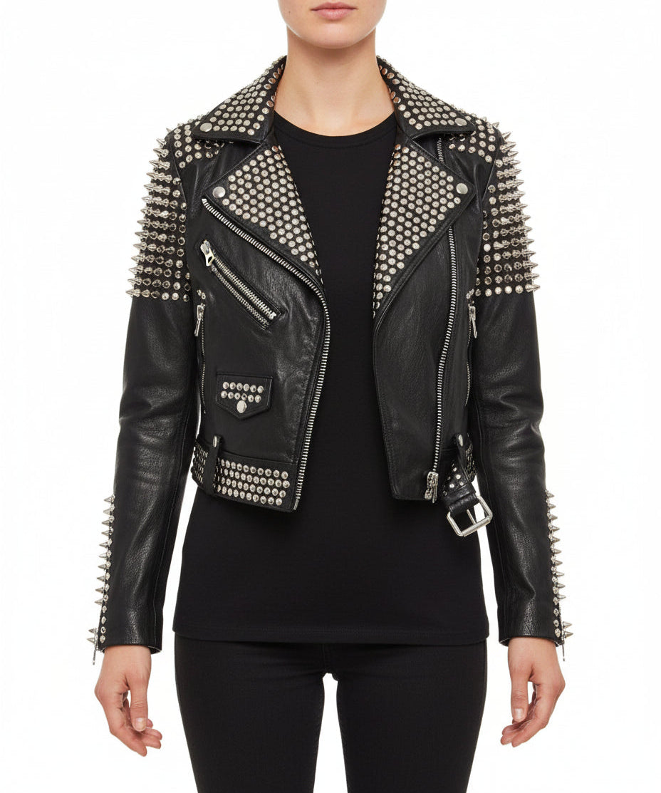 model-front-closed - Women's Studded Biker Leather Jacket in Punk Rock Style