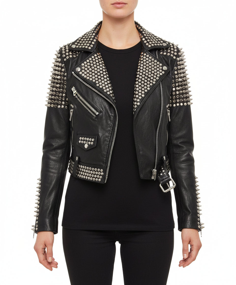 model-front-closed - Women's Studded Biker Leather Jacket in Punk Rock Style