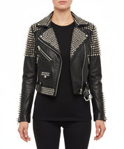 model-front-closed - Women's Studded Biker Leather Jacket in Punk Rock Style