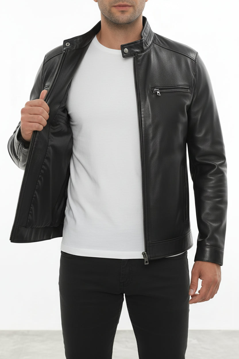model-front-open - Men's Cafe Racer Leather Jacket, Smooth Leather Biker Jacket, Men's Motorcycle Jacket, Leather Moto Jacket