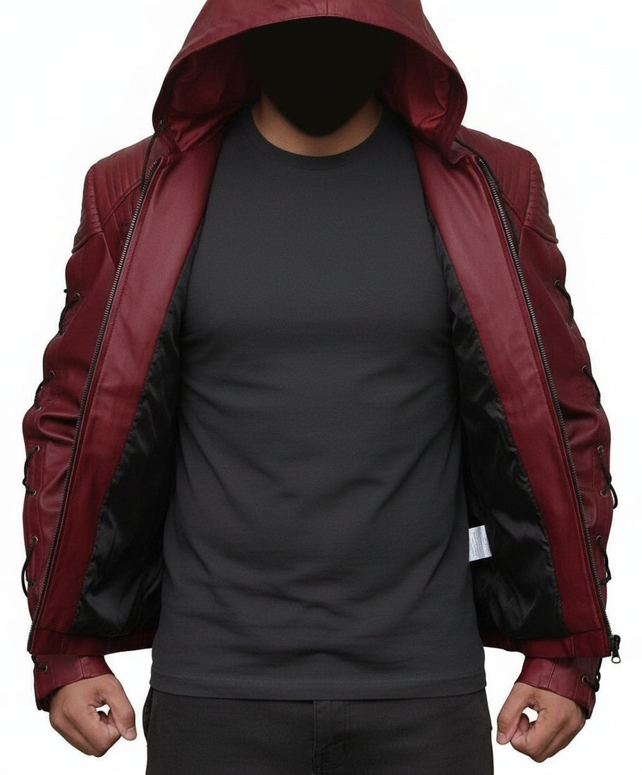 model-front-open - Men's Hooded Leather Jacket with Custom Tailoring
