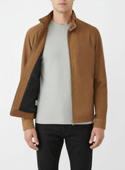 model-front-open - Men's Racer Suede Jacket, Men's Suede Jacket, Racer Style Jacket, Lightweight Suede Jacket