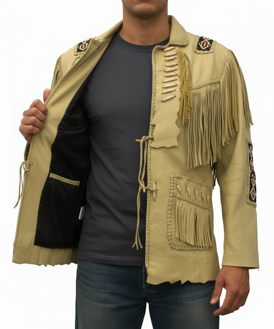 model-front-open - Mens Suede Leather Jacket Western Wear Cowboy Coat Fringe Bead & Bones Work