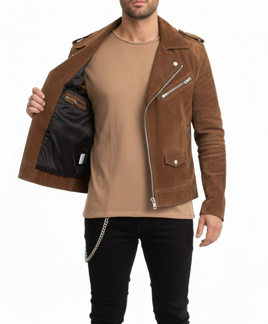 model-front-open - Mens Tan brown Suede biker Jacket, Men brown biker suede leather Jacket