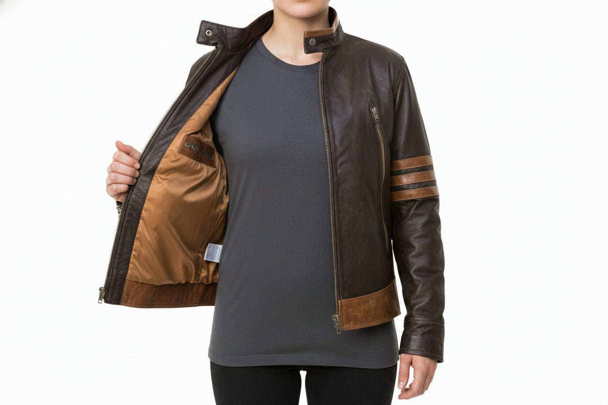 model-front-open - Men’s X-Men Inspired Brown Leather Jacket, Stylish Motorcycle Jacket