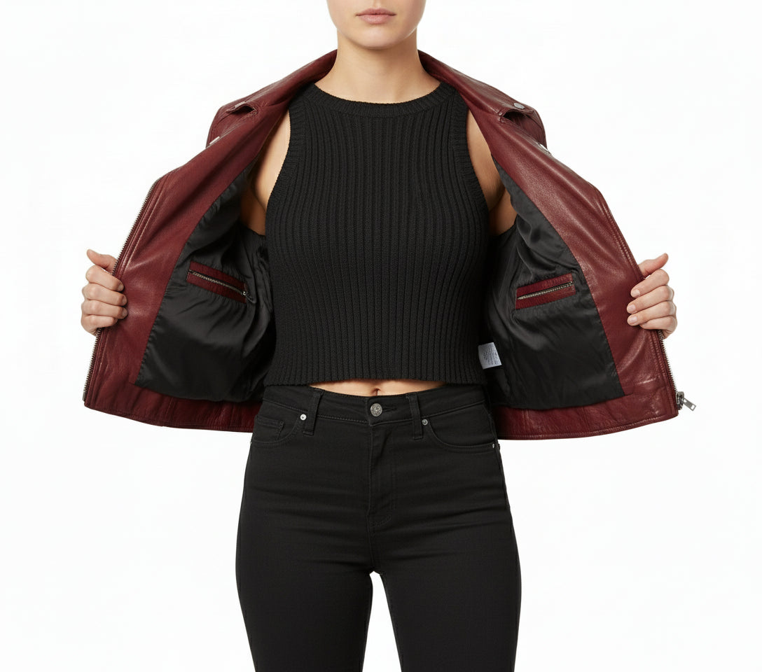 model-front-open - New Lycra Biker Jacket Leather, Women Maroon Color Leather Jacket