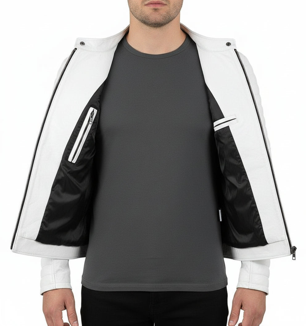 model-front-open - New Men Fashion Trend White Motorcycle Leather Jacket, Biker Fashion