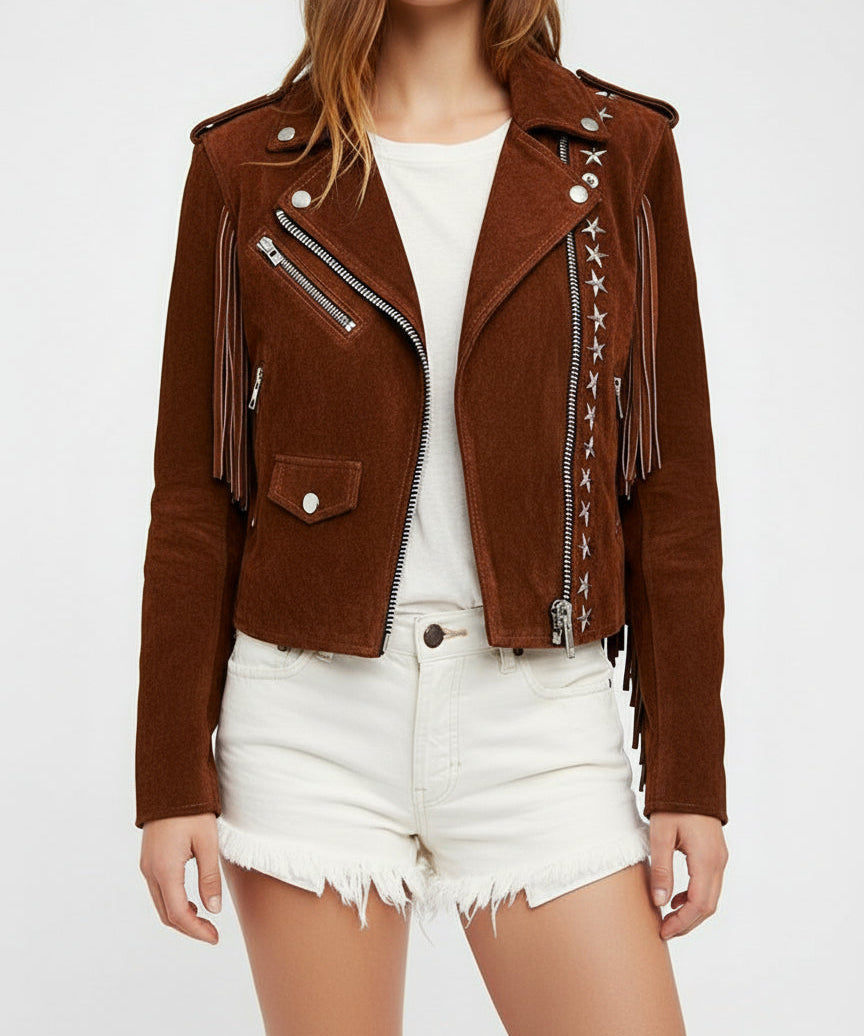 model-front-open - Punk Women Brown Rock Style Studded Fringe Jacket, Biker Suede Jacket