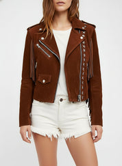 model-front-open - Punk Women Brown Rock Style Studded Fringe Jacket, Biker Suede Jacket