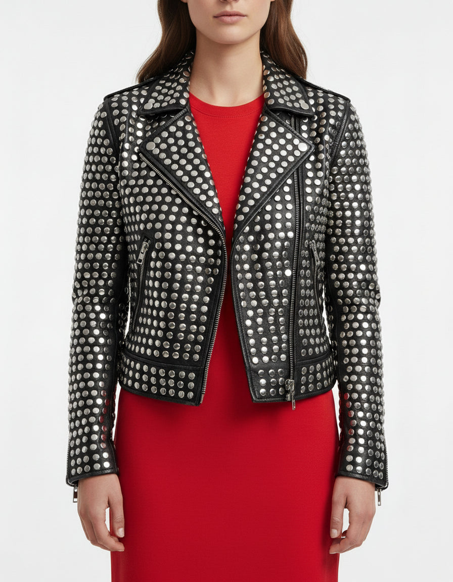model-front-open - Women All over sliver studded Moto Jacket, 's Fashion moto Jacket