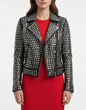 model-front-open - Women All over sliver studded Moto Jacket, 's Fashion moto Jacket