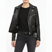 model-front-open - Women Black Leather moto Jacket, Womens Fashion black leather belted Jacket