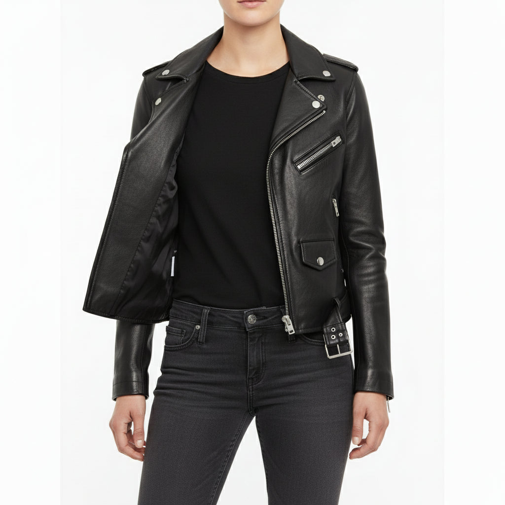 model-front-open - Women Black Leather moto Jacket, Womens Fashion black leather belted Jacket