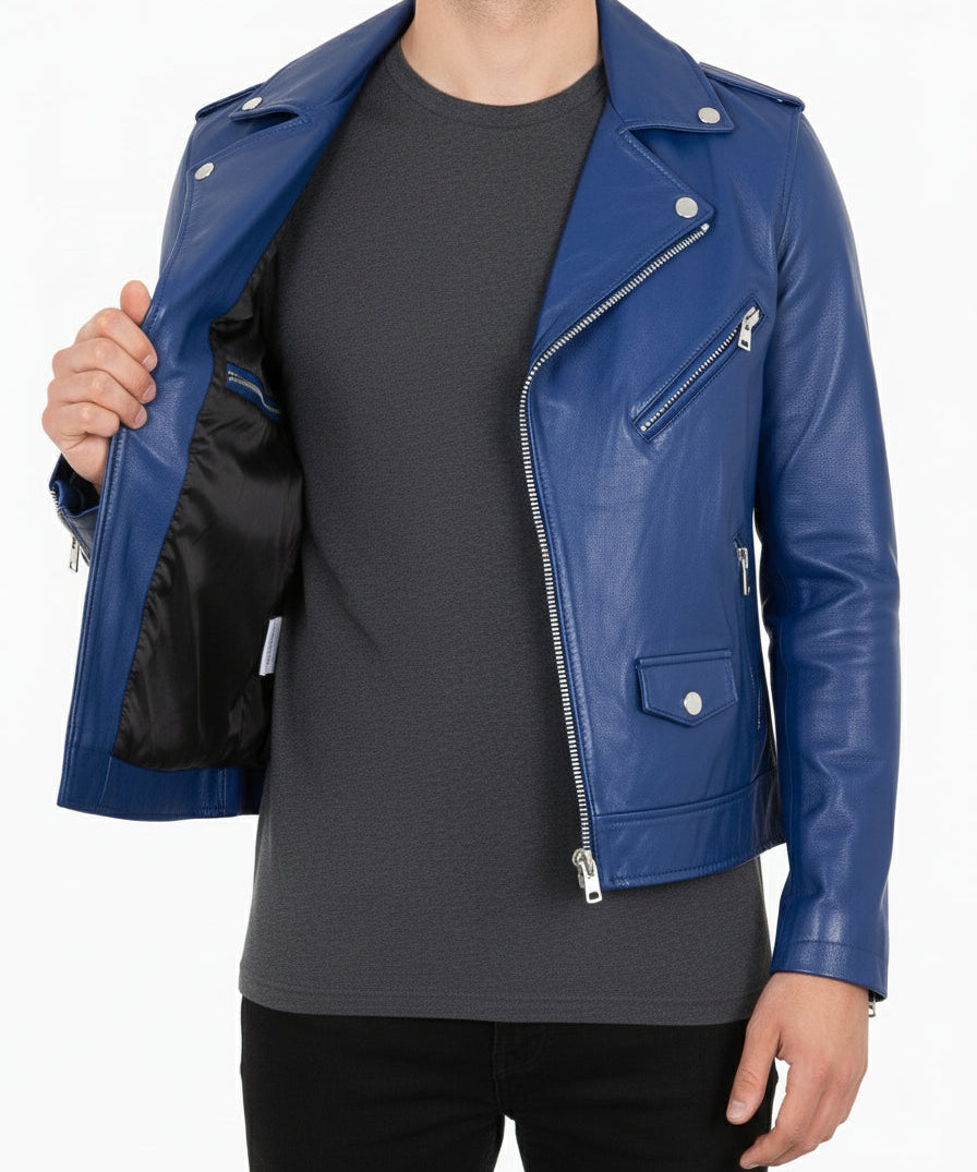 model-front-open - Women Fashion Leather Jacket Blue Leather Jacket, Biker Style Jacket