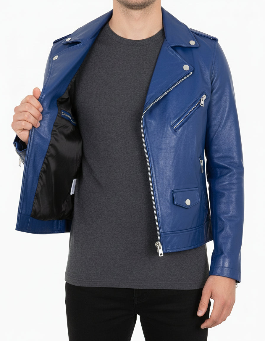 model-front-open - Women Fashion Leather Jacket Blue Leather Jacket, Biker Style Jacket