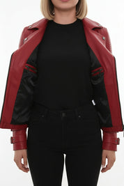 model-front-open - Women's Biker Leather Jacket, Moto Jacket for Women, Handmade Leather Biker Jacket, Asymmetrical Zip Women's Jacket