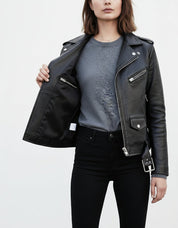 model-front-open - Women's Black Leather Biker Jacket