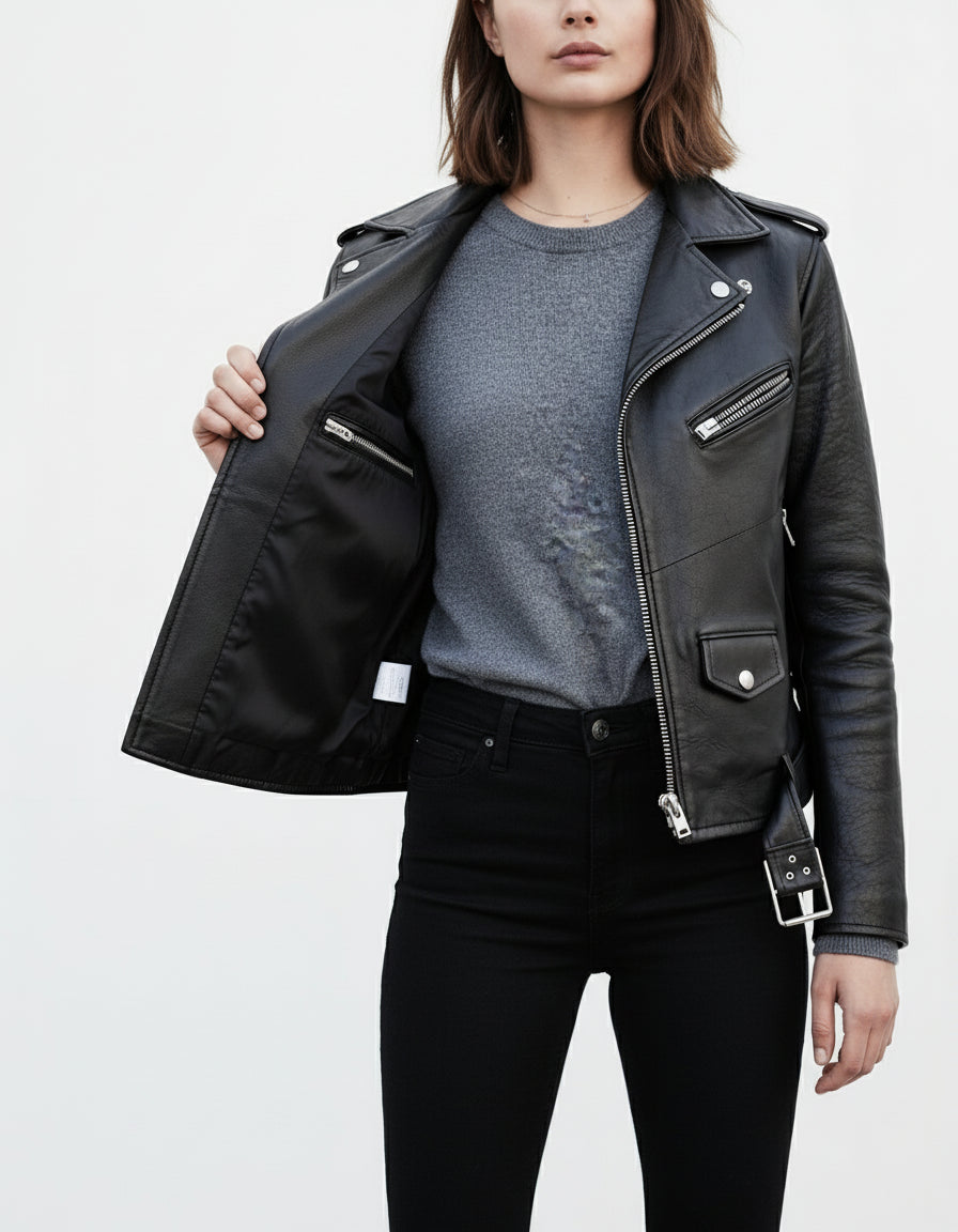model-front-open - Women's Black Leather Biker Jacket