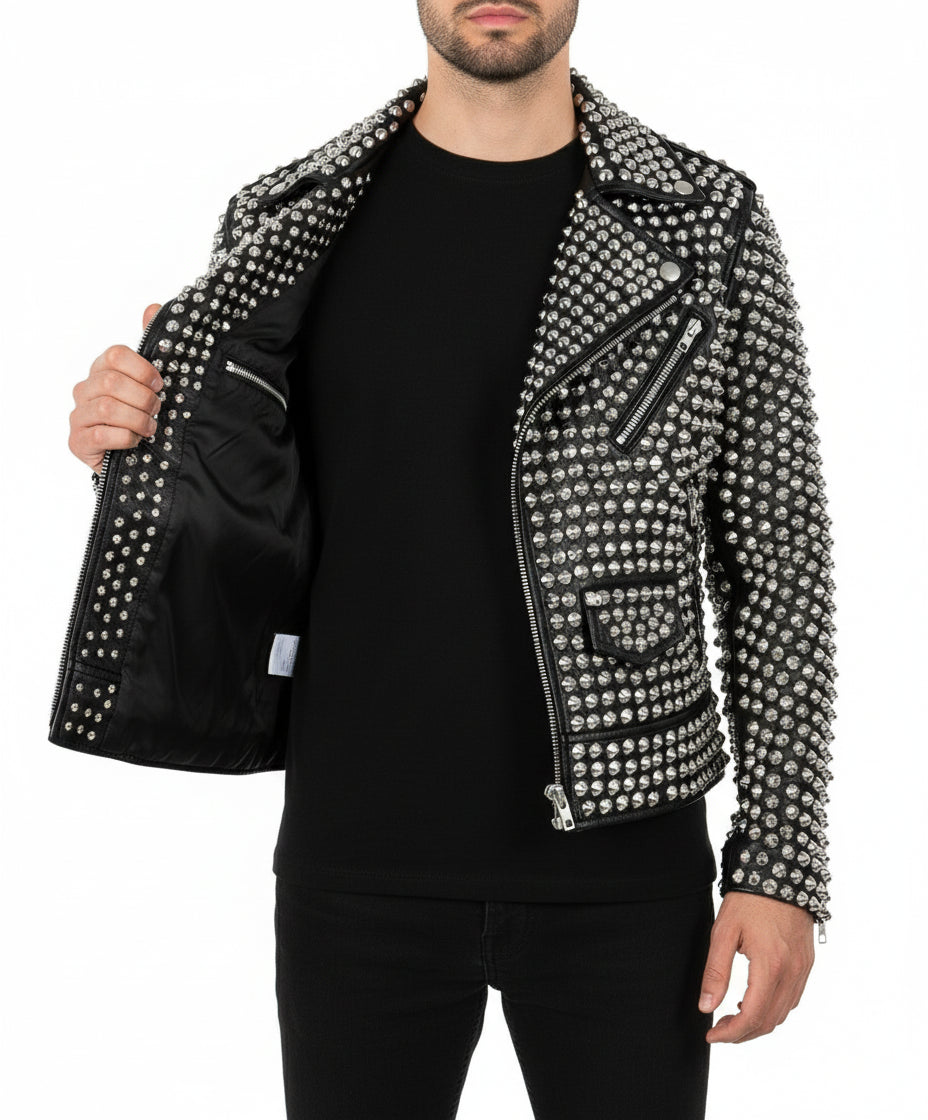 model-front-open - Womens Rock star All over Silver Studded Cowhide Leather Moto Jacket