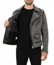 model-front-open - Womens Rock star All over Silver Studded Cowhide Leather Moto Jacket