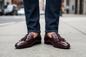 model-outdoor - Handmade Men Elegant Brown Fringe Shoes, Leather Penny Loafer Shoes for
