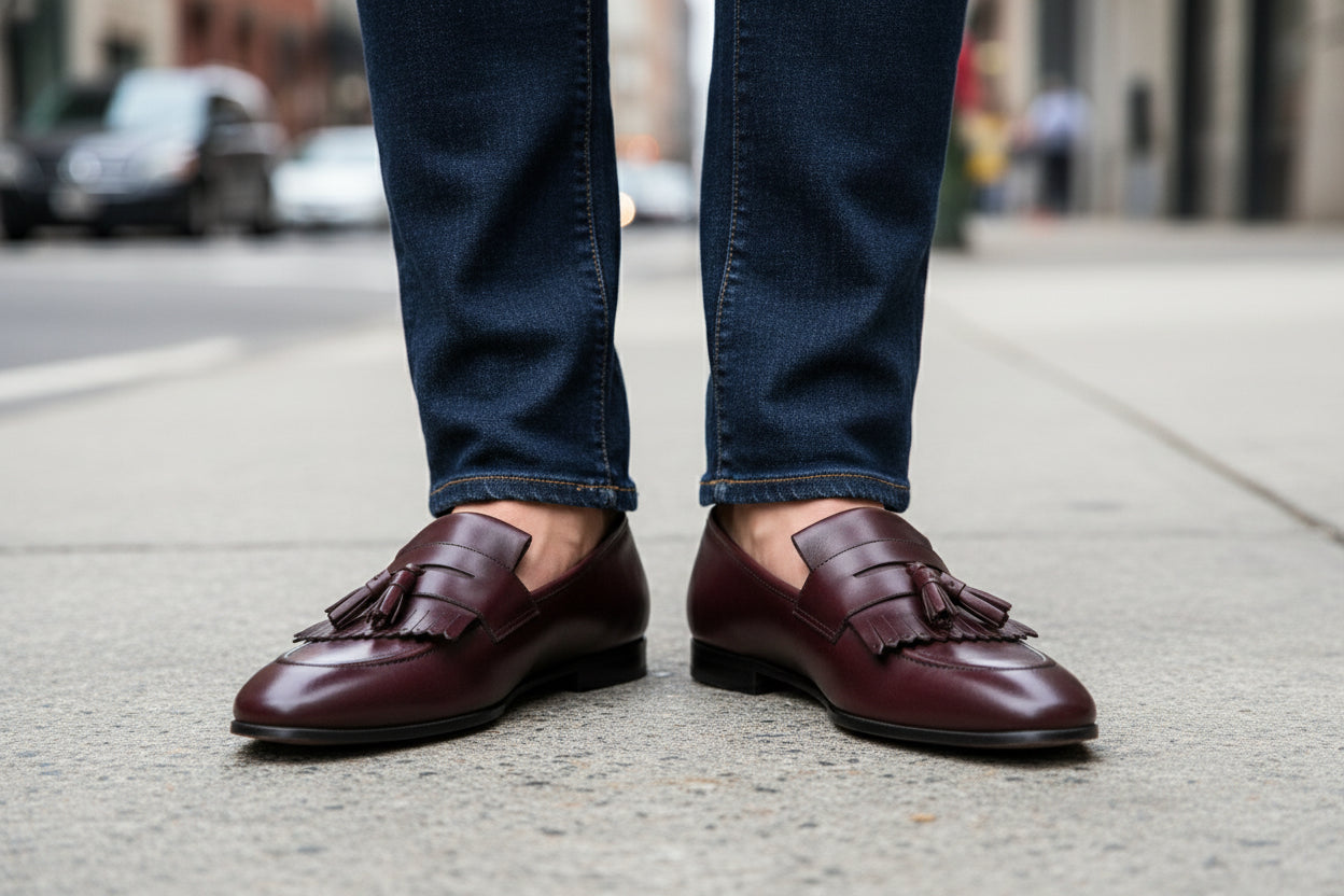 model-outdoor - Handmade Men Elegant Brown Fringe Shoes, Leather Penny Loafer Shoes for