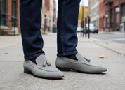 model-outdoor - Handmade Men Gray Suede Tassels Shoes Moccasins Loafer Driving Shoes