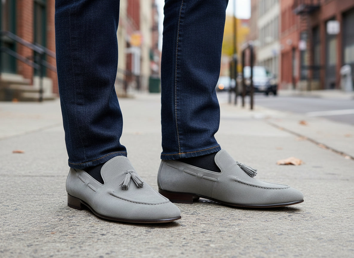 model-outdoor - Handmade Men Gray Suede Tassels Shoes Moccasins Loafer Driving Shoes