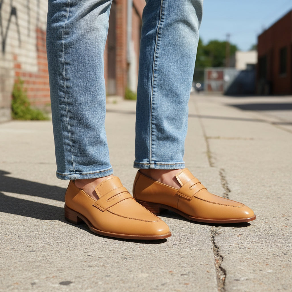 model-outdoor - Handmade Men Formal Shoes, Tan Color Leather Moccasins Shoes Loafer