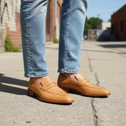 model-outdoor - Handmade Men Formal Shoes, Tan Color Leather Moccasins Shoes Loafer