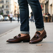 model-outdoor - Handmade Men Brown Tassels Moccasins Loafer Shoes, Brown Dress Shoes