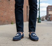 model-outdoor - Handmade Men Navy Blue Suede Leather Tassels Moccasins Shoes Loafer Silpons