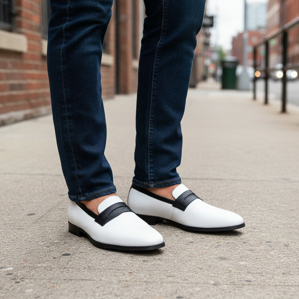 model-outdoor - Handmade Men Two Tone Penny Loafer Shoes, Men Spectatorleather Shoes