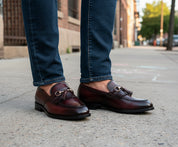 model-outdoor - Handmade Men Burgundy Leather Fringe Dress Shoes, Men Leather Penny Loafer